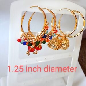 Indian rings pair of 2 hoops gold plated and gold plated ( green n red) jhumki/
